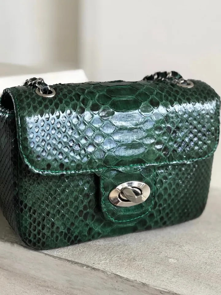 Dark green Crossbody Bag Genuine Python Skin | Adjustable Chain Classy Elegant snake Crossbody Small Lady Summer Bag | Python Purse