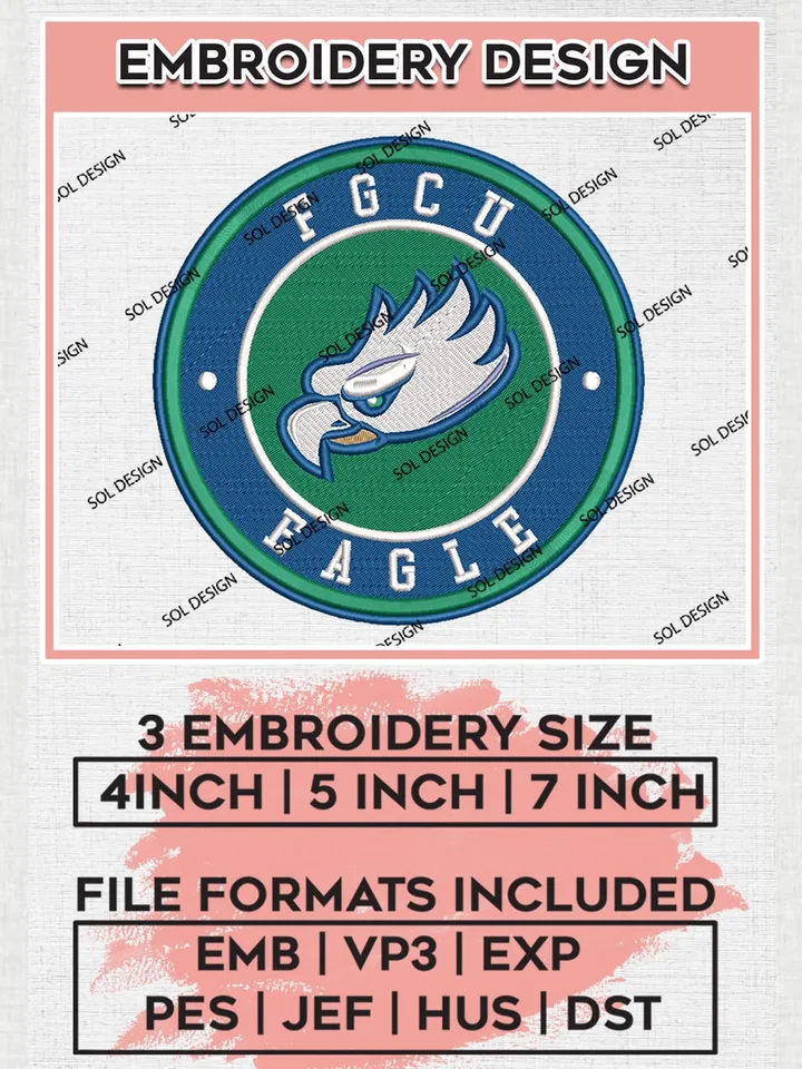 NCAA Florida Gulf Coast Eagles Round Logo Embroidery, NCAA Florida Gulf Coast Eagles Logo Embroidery files, NCAA FGCU Eagles, Machine embroidery designs, Digital Download