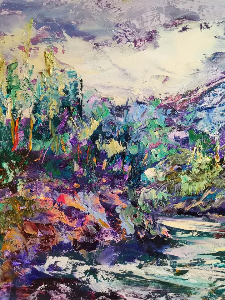 Forest Mountains River Impasto Painting Original Oil Art Artist Svinar Oksana