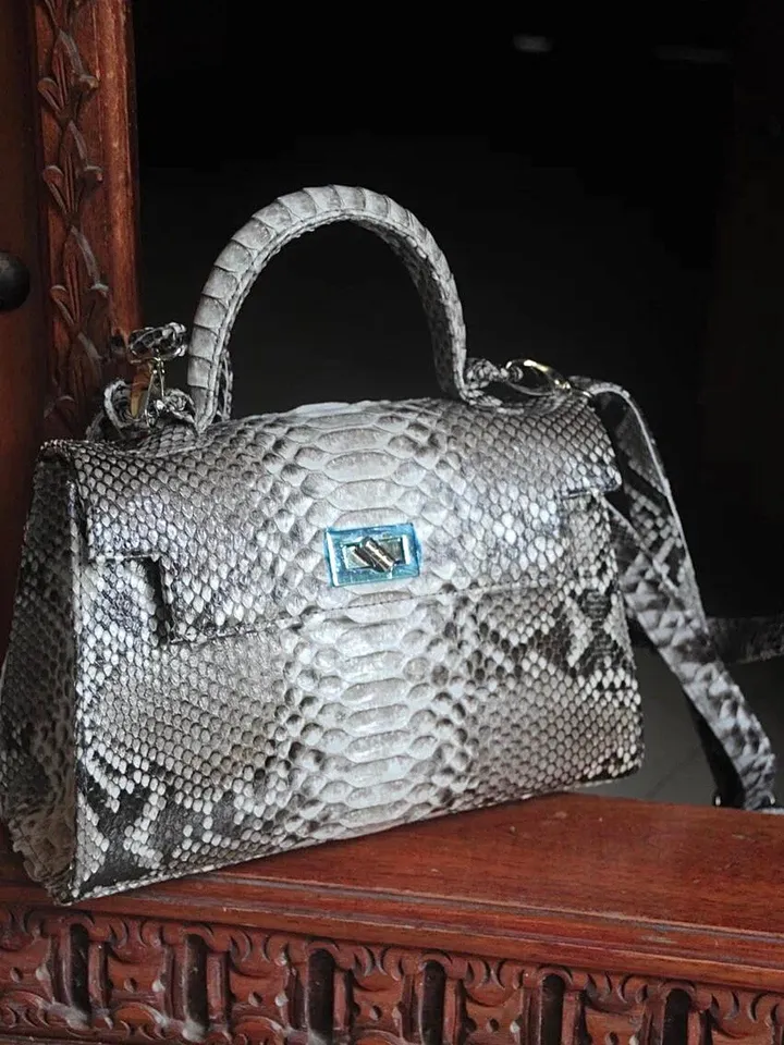 Top handle grey classy genuine python skin bag | exotic leather bags | Elegant everyday women purse | snake skin bag | designer leather bag