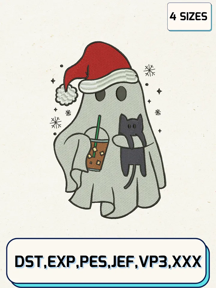 Christmas Ghost Cat Embroidery Design,Christmas Embroidery Designs,Machine Embroidery Files,4 Sizes