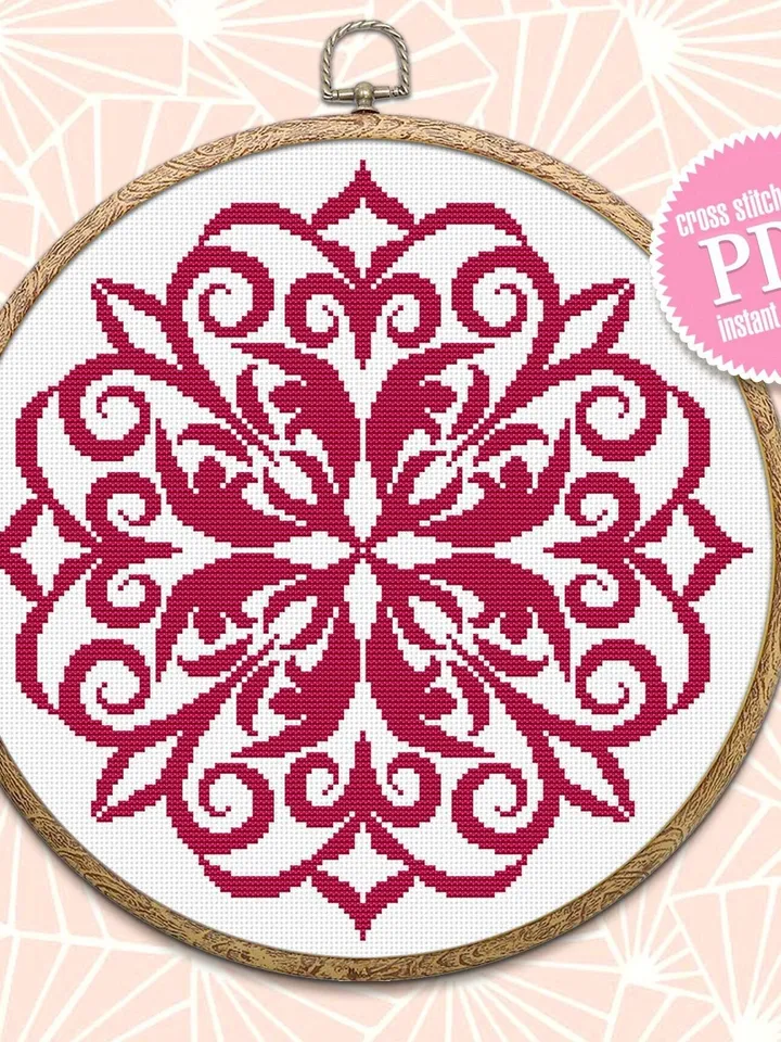 Simple Mandala cross stitch pattern PDF download Flower mandala pattern digital PDF, Monochrome cross stitch chart, Vintage ornament #M158