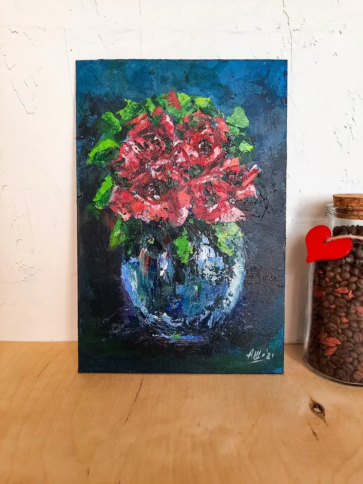 Red roses painting Original acrylic painting Flower painting Abstract still life