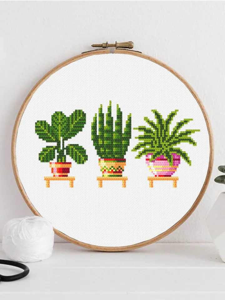 Potted plants cross stitch pattern download PDF, Small floral cross stitch chart, House plant hand embroidery PDF, Quick beginner stitch #P4