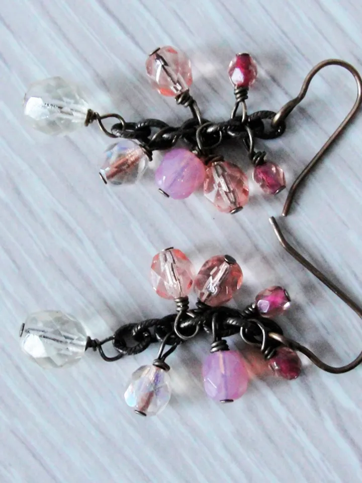 Solid and natural brass Boho Shabby chic with Czech glass beads earrings with chain.