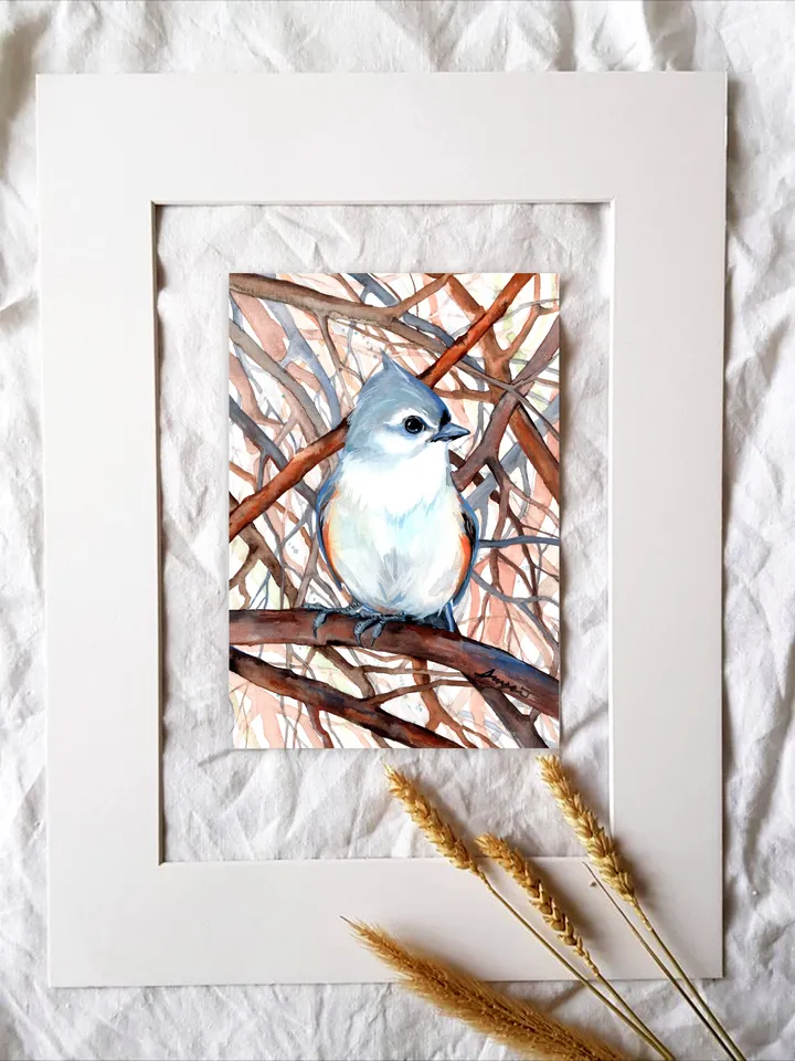 Titmouse Bird Watercolour, bird painting, wall decor, birds lover gift, 8x11 in handmade art by Anne Gorywine