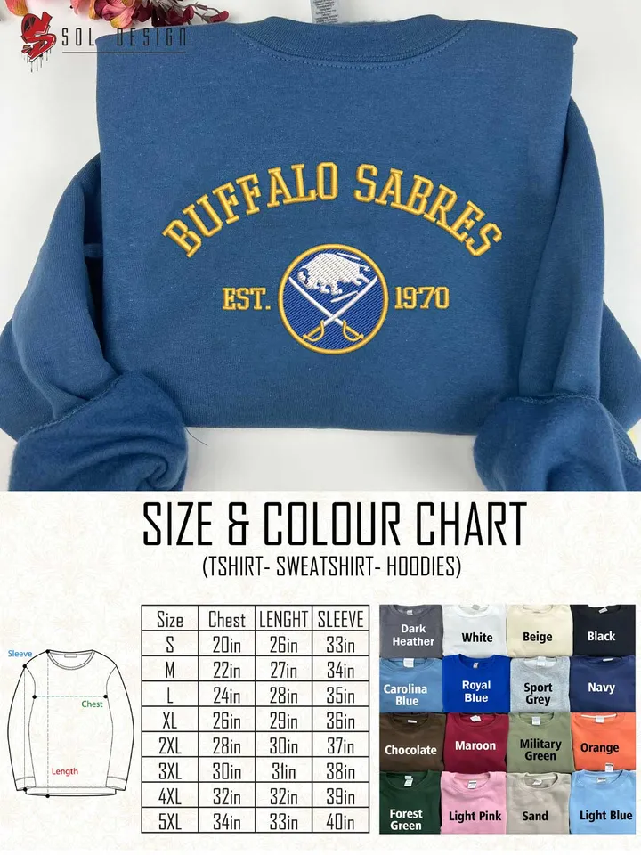 Buffalo Sabres Est 1970 Embroidered Sweatshirt, NHL Team Embroidered Sweater, NHL Buffalo Sabres Shirt, Hockey Team Embroidered Hoodie, Unisex Crewneck, NHL Hockey Team Fan Gift Tee