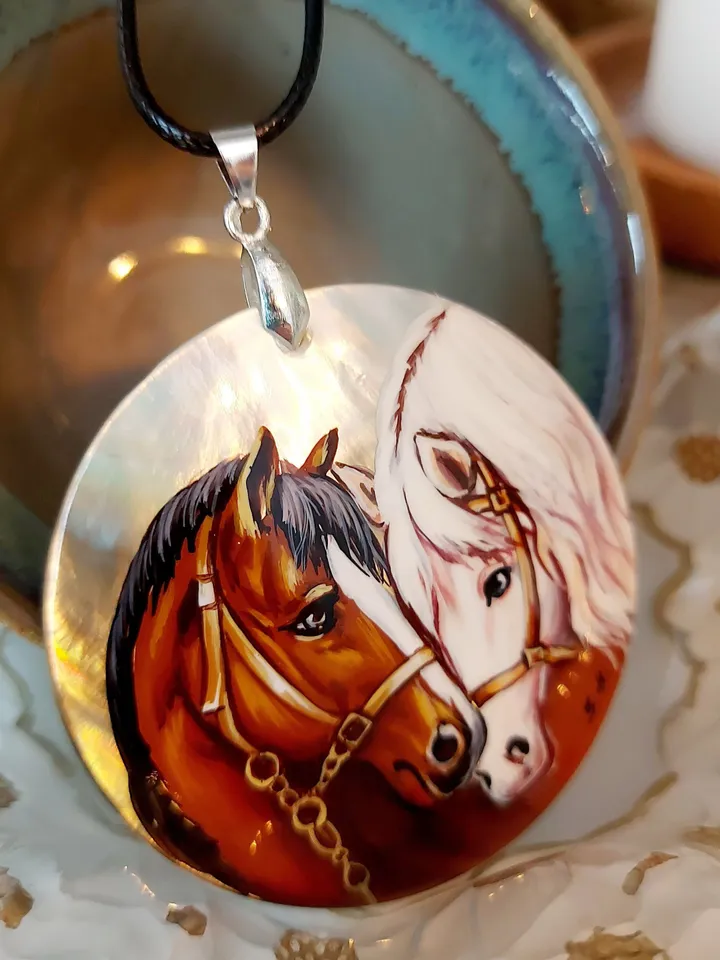 Pearl pendant necklace: Gentle pair of horses in love on handmade jewelry pendant • Dainty gift for nature lover • Elegant pendant for her