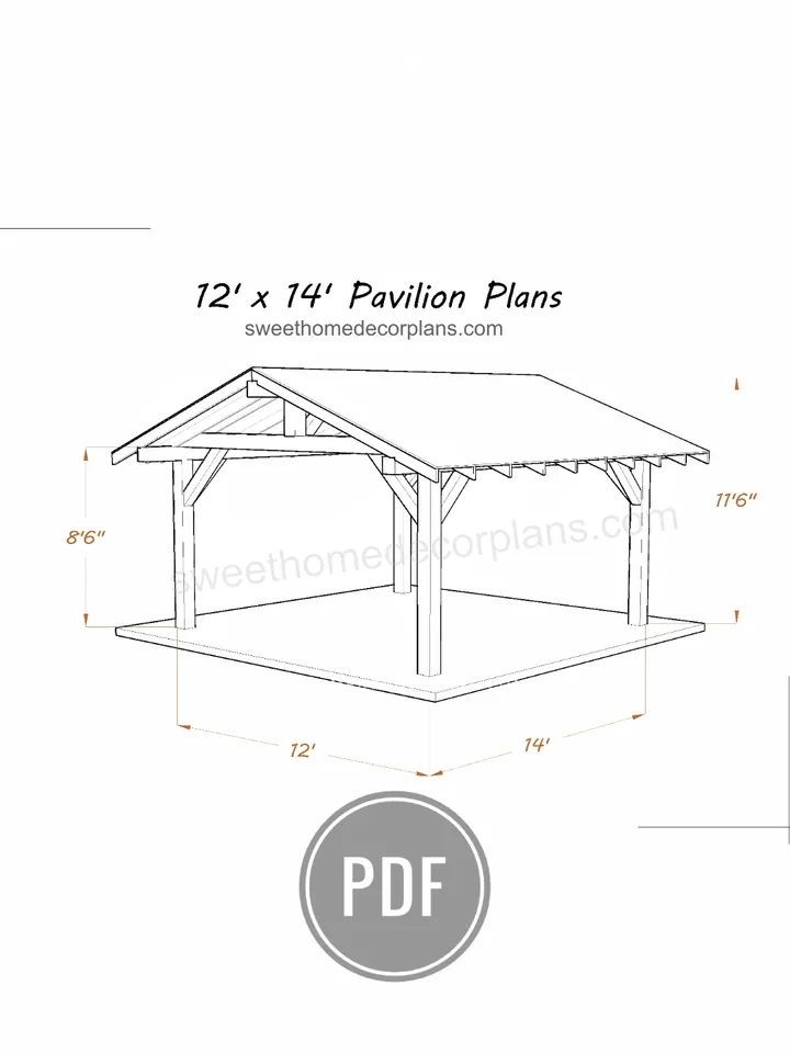12 x 14 gable pavilion plans for DIY. Wooden gazebo plans pdf. Covered carport plans. Timber frame backyard pavilion plans.