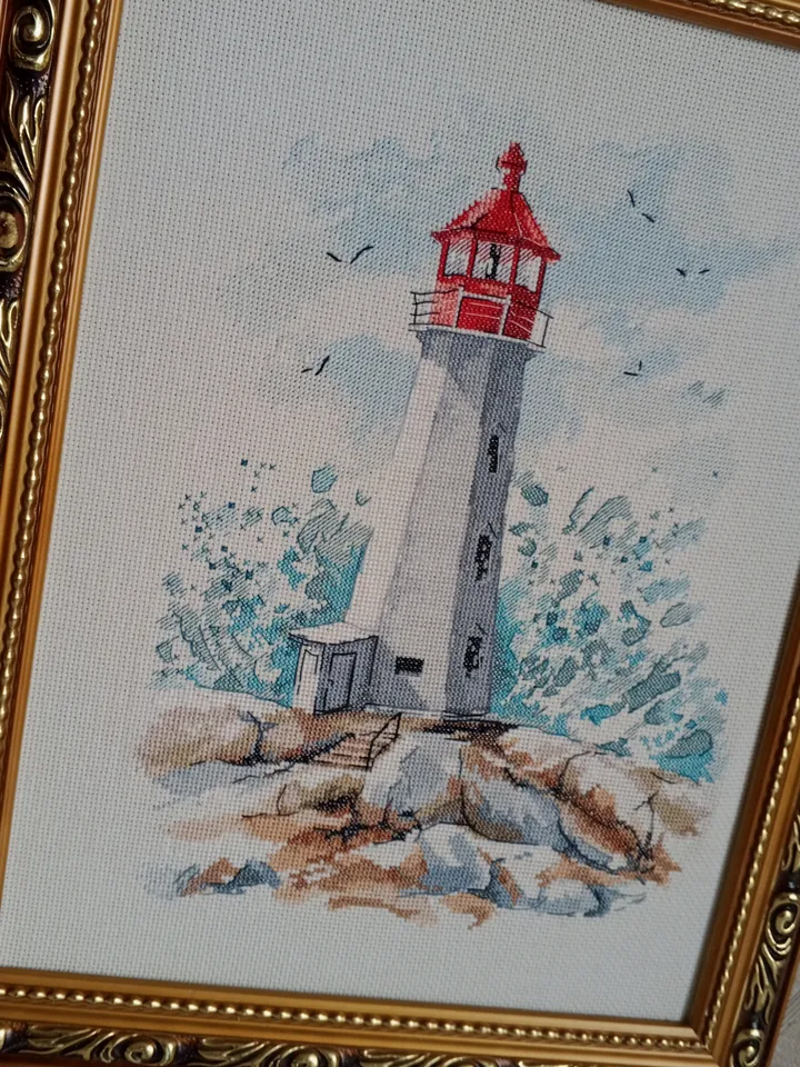 Handmade Lighthouse and Wave painting, Coastal wall art, for home decor, finished cross stitch