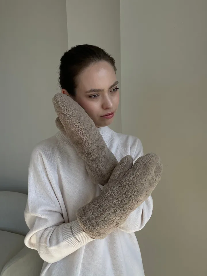 Genuine shearling mittens dark beige colour/ real fur mittens /women cold weather designer gloves / warm cosy mittens/ winter wear