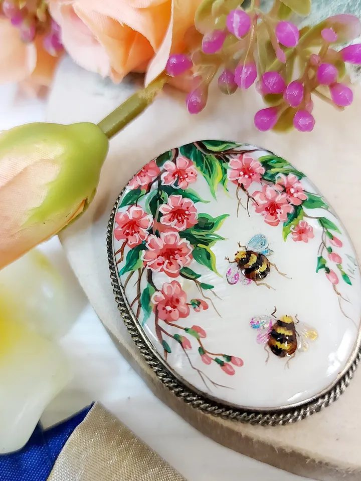 Brooches for women: Pink Wild Roses and Bees Brooch, wonderful hand painted shell pins, handmade paintings on mother of pearl pin for dress