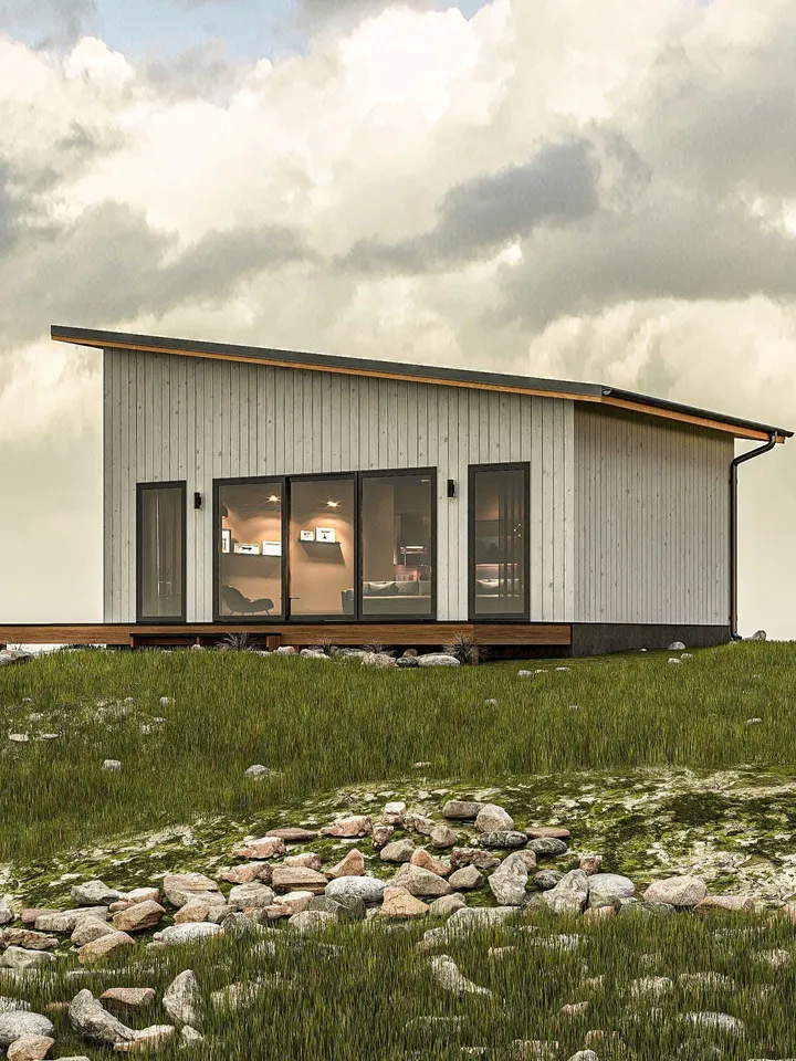 Modern Tiny House Plan: 607 SF Cottage with Single Pitch Roof (Digital Download