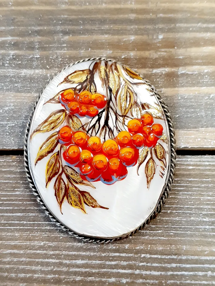 Brooches for women: Bunch of Rowan berries painted on pearl brooch • Orange handmade painted pin • Gorgeous pin for fall season dress
