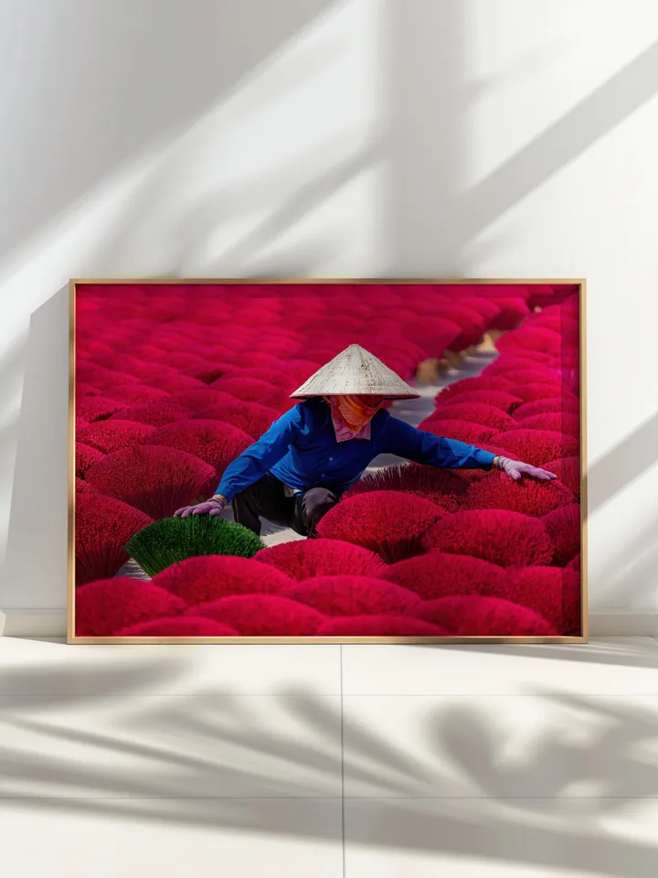 Vietnam Culture Poster | Vibrant Pink Wall Decor | Asian Travel Print | Exotic Home Art | Vietnamese Traditional Life Print | Incense Sticks