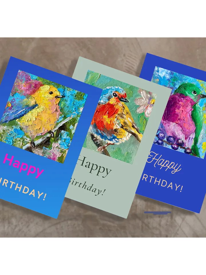 Set of 3 Birthday card with bird, Robin. Goldfinch, Digital greeting cards, Printable bird card, Birthday E-Card