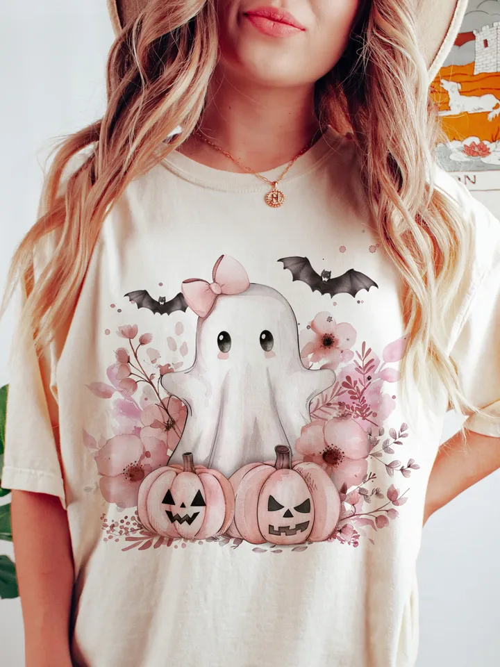 Pink Halloween PNG, Spooky Ghost, Autumn sublimation design, Fall PNG, Pumpkins, leaves PNG, Watercolor Sublimation, Coquette Pink Ghouls