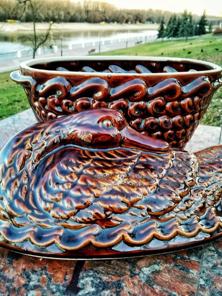 Ceramic pottery casserole Casserole with lid and handles carved pattern Handmade