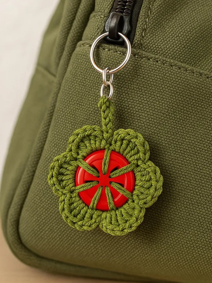 Retro Button Bloom Keychain Crochet Pattern, Easy Upcycled DIY Bag Charm PDF, Round Yarn Key Ring Motif Tutorial
