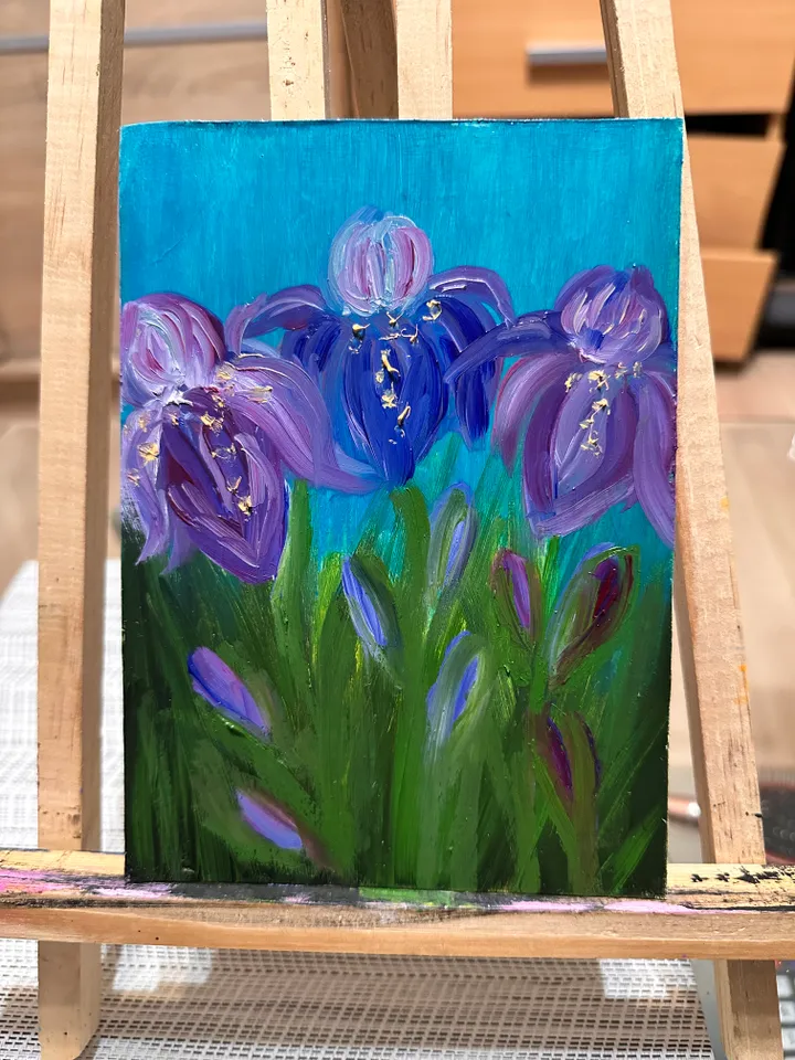 Oil Painting Irises Abstraction Flowers 3D Image of Nature Wall Decor Miniature Cardboard 7x5 inches 18x12 cm New without Frame