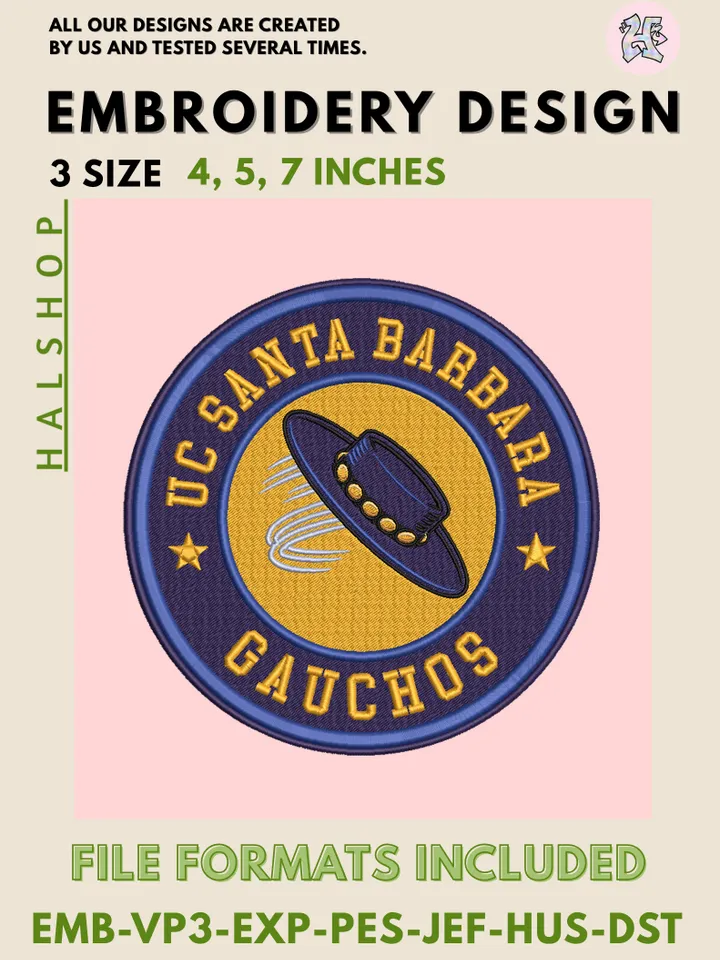NCAA UC Santa Barbara Gauchos Logo Embroidery Design, College Team Machine Embroidery Files, Digital Download