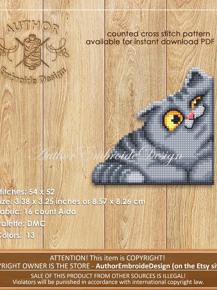 Gray cat corner bookmark cross stitch pattern PDF download Cat cross stitch chart, Cat bookmark pattern digital PDF, Cat lover gift #B423