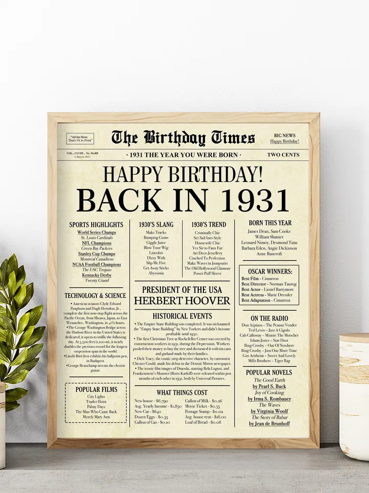 Back in 1931 Birthday Card - 93rd Birthday Gift for Women or Men - 93rd Birthday Decoration for Grandmother or Grandpa - Funny Table Centerpiece for 93 Years Old Birthday Party - Last Minute Gift