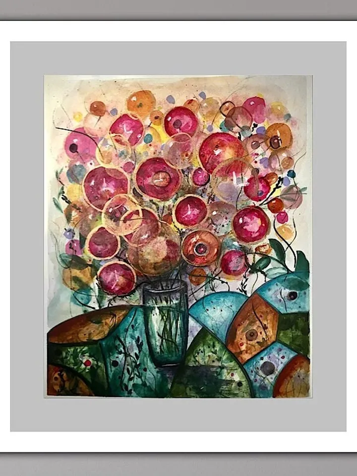 Flowers in a vase fantasy,original watercolor painting,colourful fantasy flowers wall art,home decoration,gift