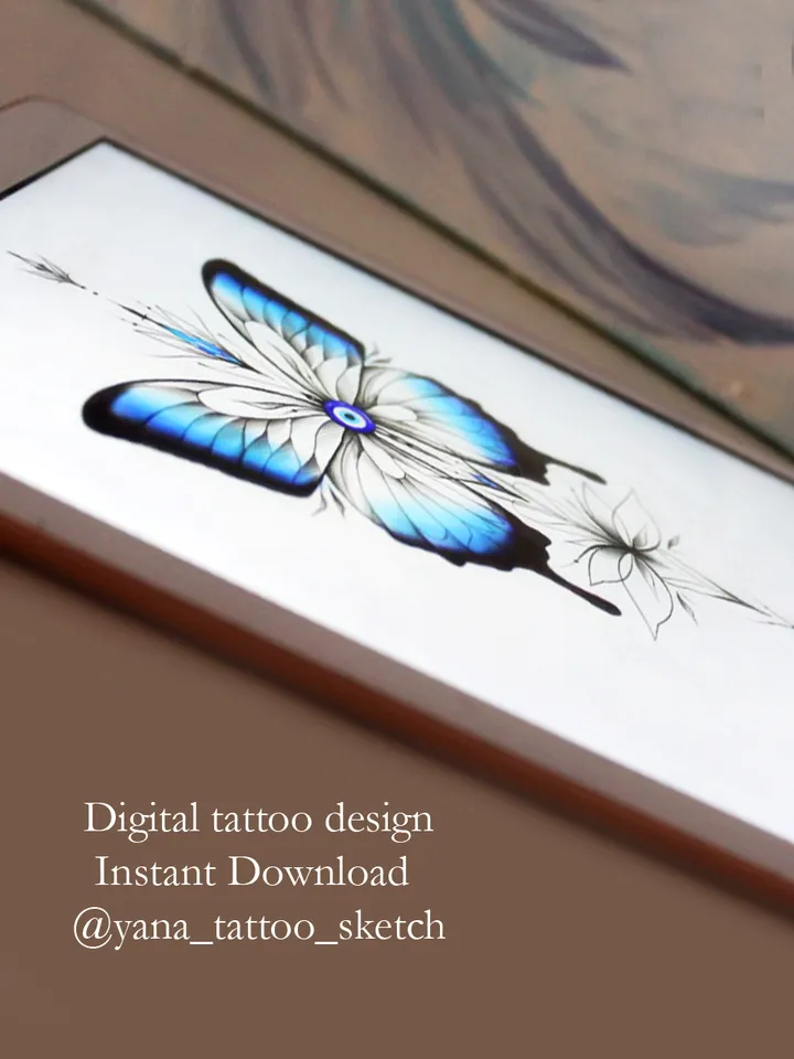 Turkish Evil Eye Tattoo Design Butterfly Tattoo Idea Sketch Protective Symbol Nazar Tattoo Stencil, Instant download PDF, JPG