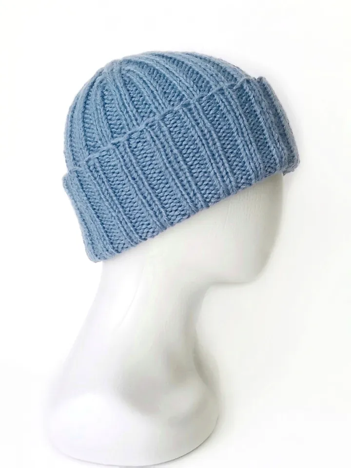 Handcrafted Light Blue Men's Winter Beanie: Luxurious Cashmere-Merino Wool Blend, Ribbed Texture, Cozy and Warm Knit Hat. FREE SHIPPING!