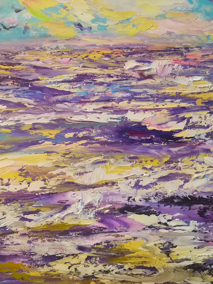 Hawaii Island Sea Sunset Original Art Oil Painting Rocks Gull Artist Svinar Oksana