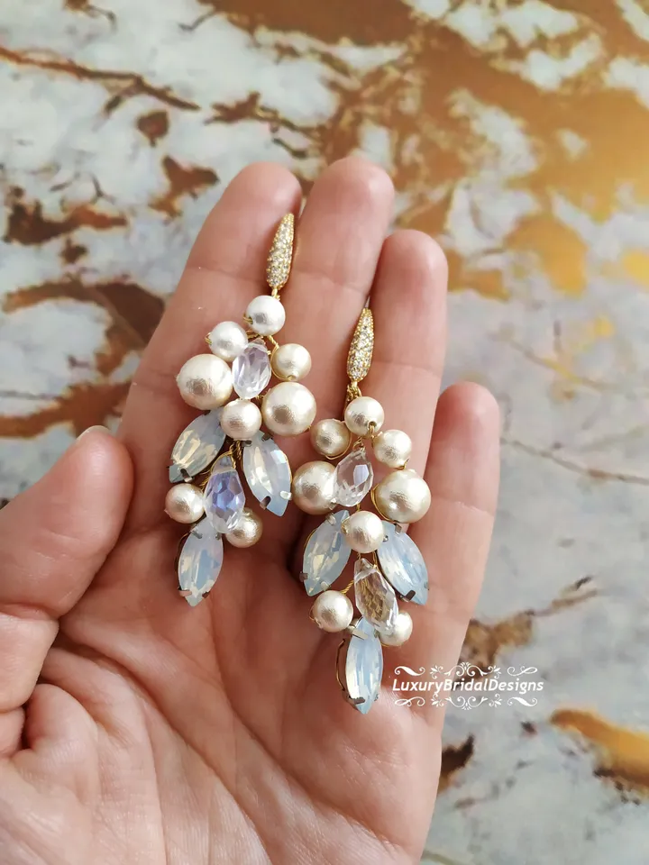 Opal Bridal earrings Cotton Pearl Wedding Earrings Gold Wedding Earrings Swarovski Crystal Chandelier Bridal Earrings Boho Wedding Earrings
