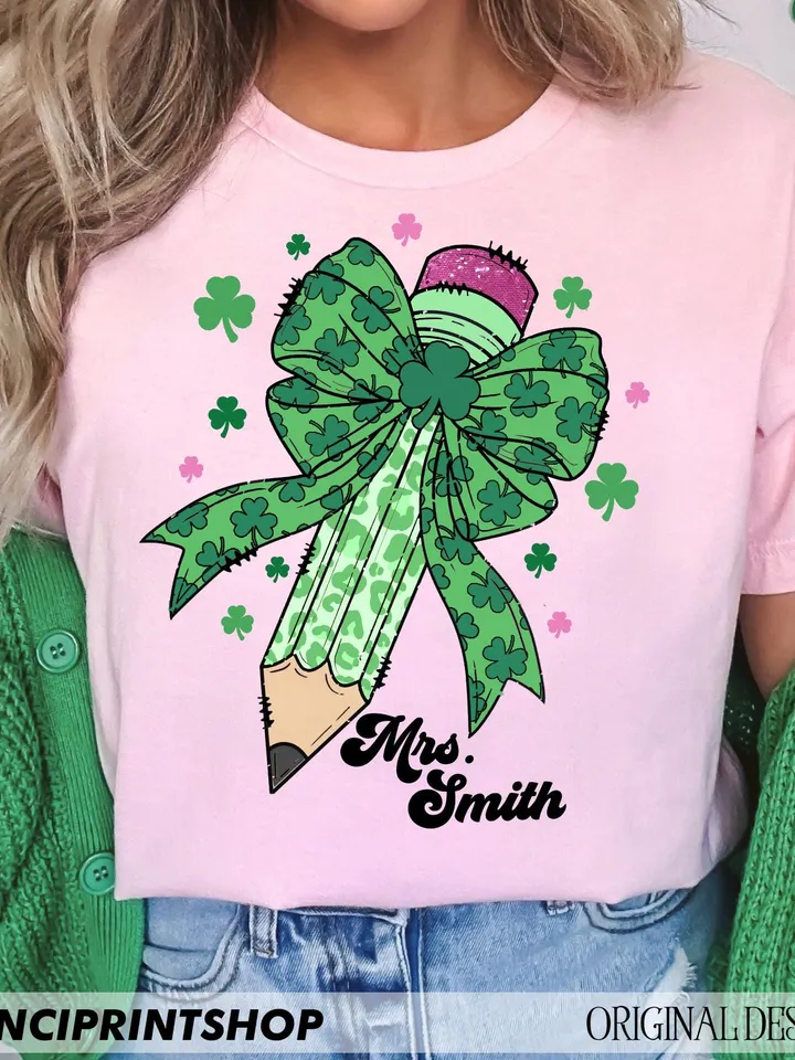Teacher St Patrick's Coquette Bow Pencil Png, St. Patrick's Day png, Teacher Gift Png, St. Patrick's Teacher png, Teacher png, Leopard print