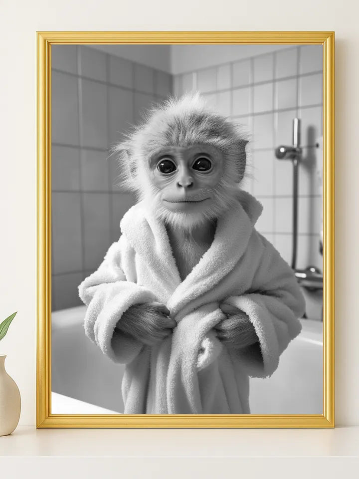 Cute Monkey Bathroom Wall Art, Funny Animal in Robe Print, Whimsical Jungle Nursery Decor, Playful Monkey Digital Download