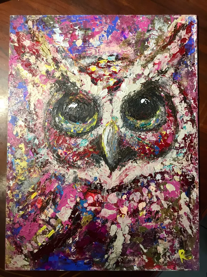 Colourful red owl painting on canvas board,original mix media brigh home decor wall hanging artwork,unique handmade gift for animal lovers