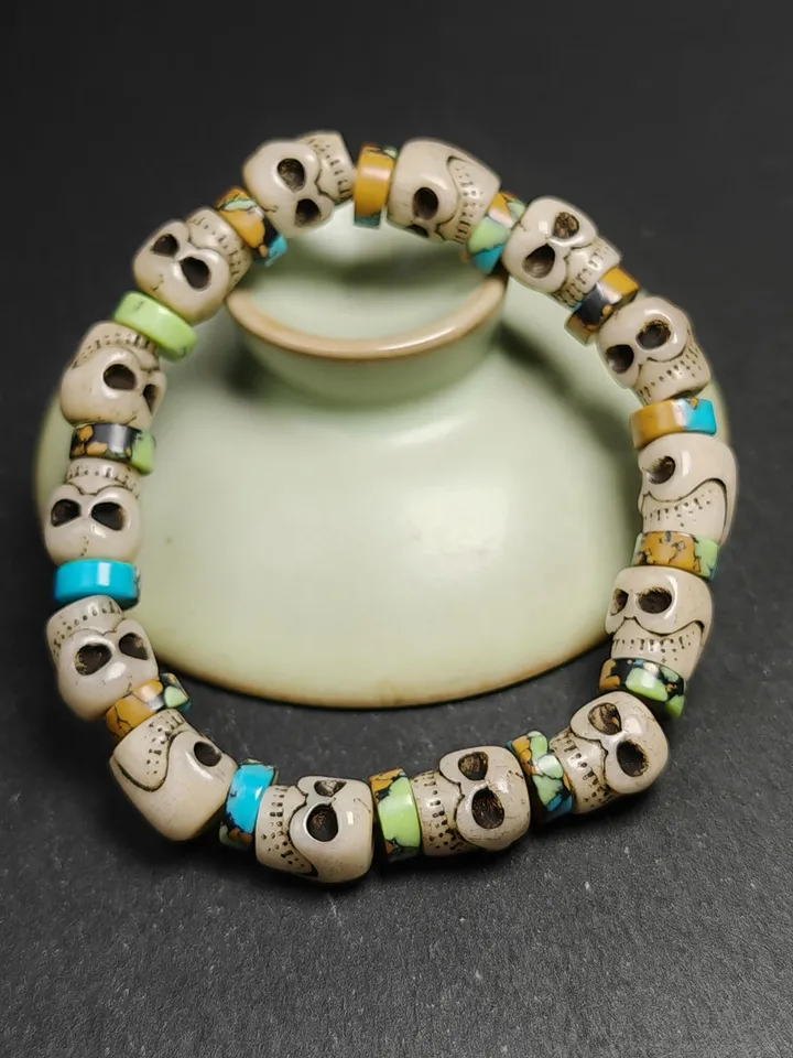 Authentic Tibetan Citipati Skulls Bead Bracelet | Unique Yak bone Carved Wrist Mala with Mixed Turquoise,Gandhanra Tibetan Jewelry