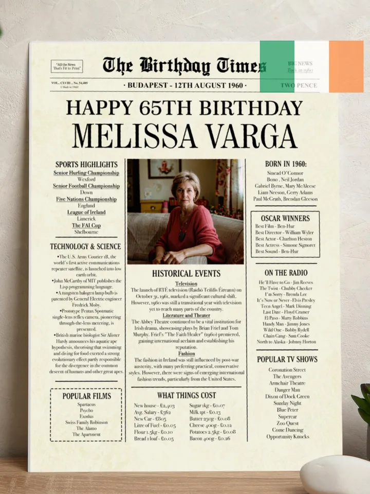 65th birthday NEWSPAPER, 65th birthday Ireland, 65th birthday gift for men or woman, 65th birthday poster, 65th birthday decor for ireland