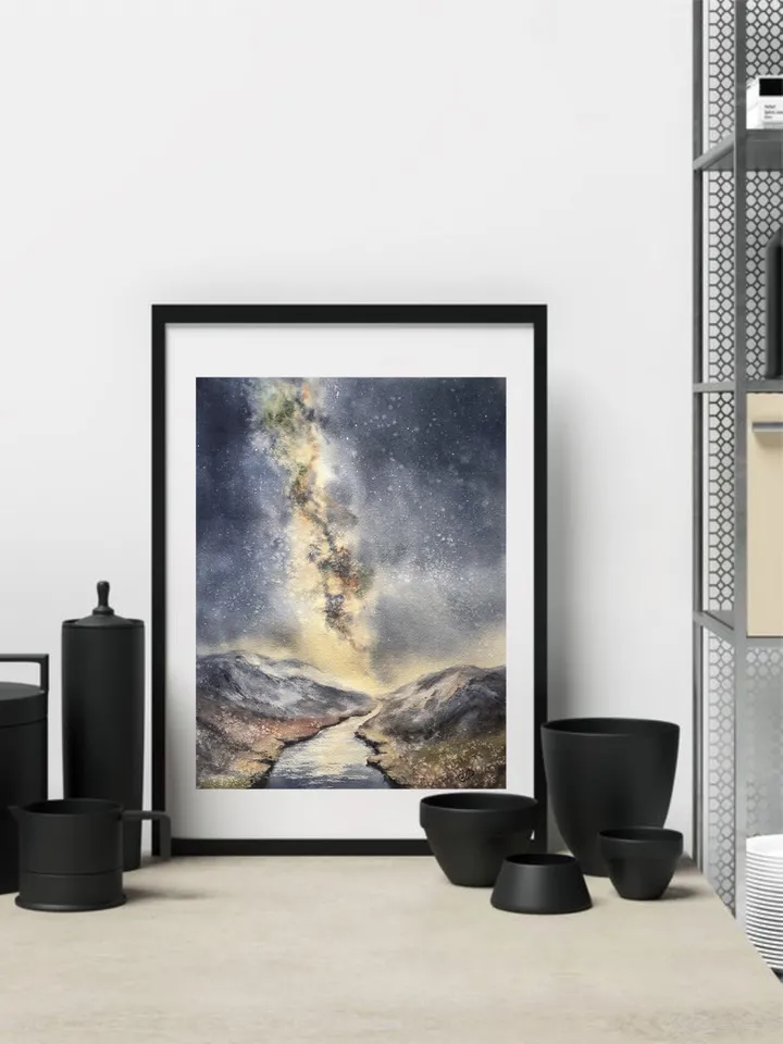 Milky Way Art Space Painting Landscape Watercolor Stars Wall Art Night Sky