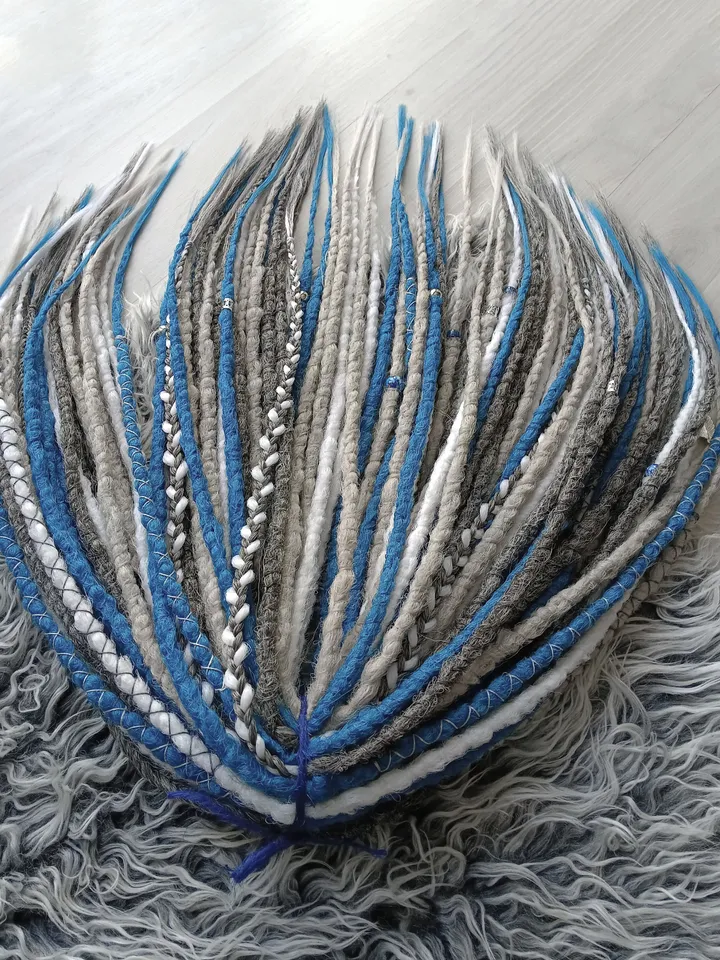 Winter set, Dreadlock extensions White grey blue dreadlock extensions. Synthetic Double Single Ended Viking Fishtail Braids Jewelry