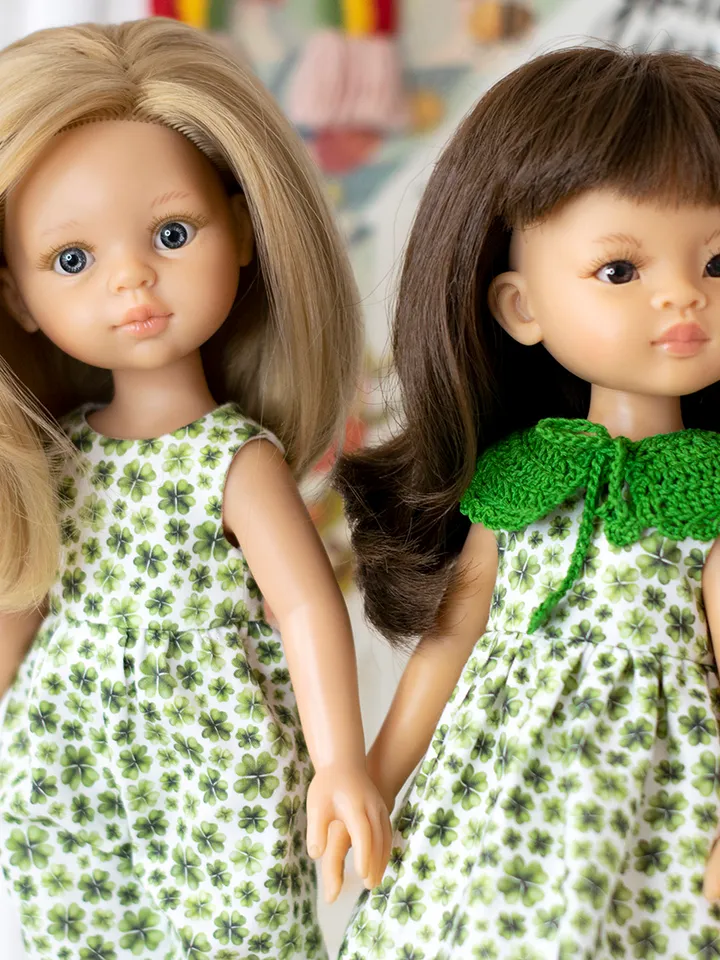 St Patrick's Day overall for dolls Paola Reina, Siblies Ruby Red, Little Darling, Minouche, 13 inch doll green clothes