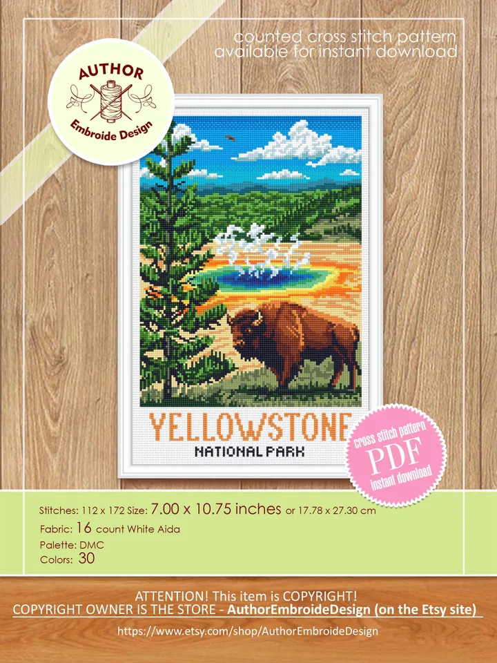 Yellowstone national park cross stitch pattern PDF download Buffalo cross stitch chart, Nature landscape pattern digital Travel poster #L100