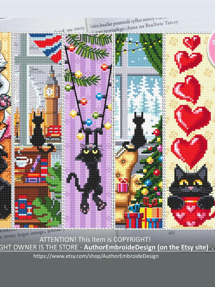 Cat Bookmark set cross stitch pattern download PDF Handmade bookmark cross stitch, Funny Black cat cross stitch chart, Cat lover gift #B113