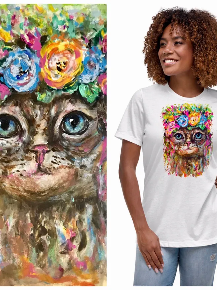 Cat in flowers Women's Relaxed T-Shirt made with my original watercolour mix media painting