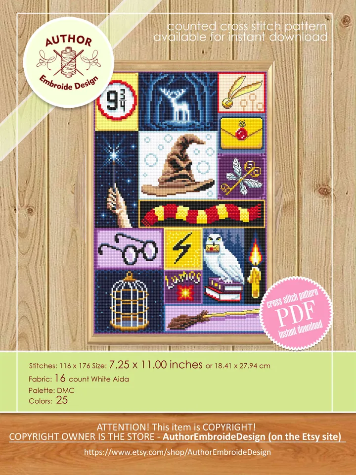 Wizard sampler cross stitch pattern PDF download Wizard school cross stitch chart, Magic pattern digital PDF, Wizard hat, Letter owl #O13
