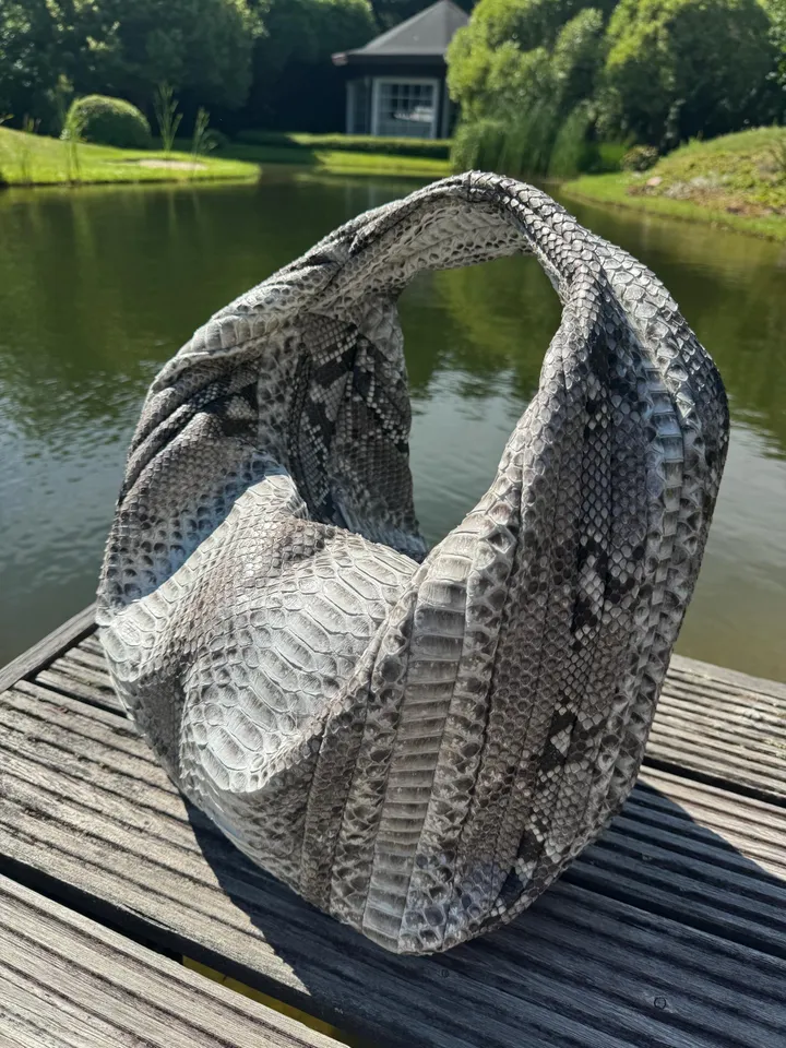 Big Soft Hobo Classy Sport Woman Stitched Bag | Purse Genuine Python Skin | Gray Big Elegant Leather Designer Soft Bag Snake | reptile hobo