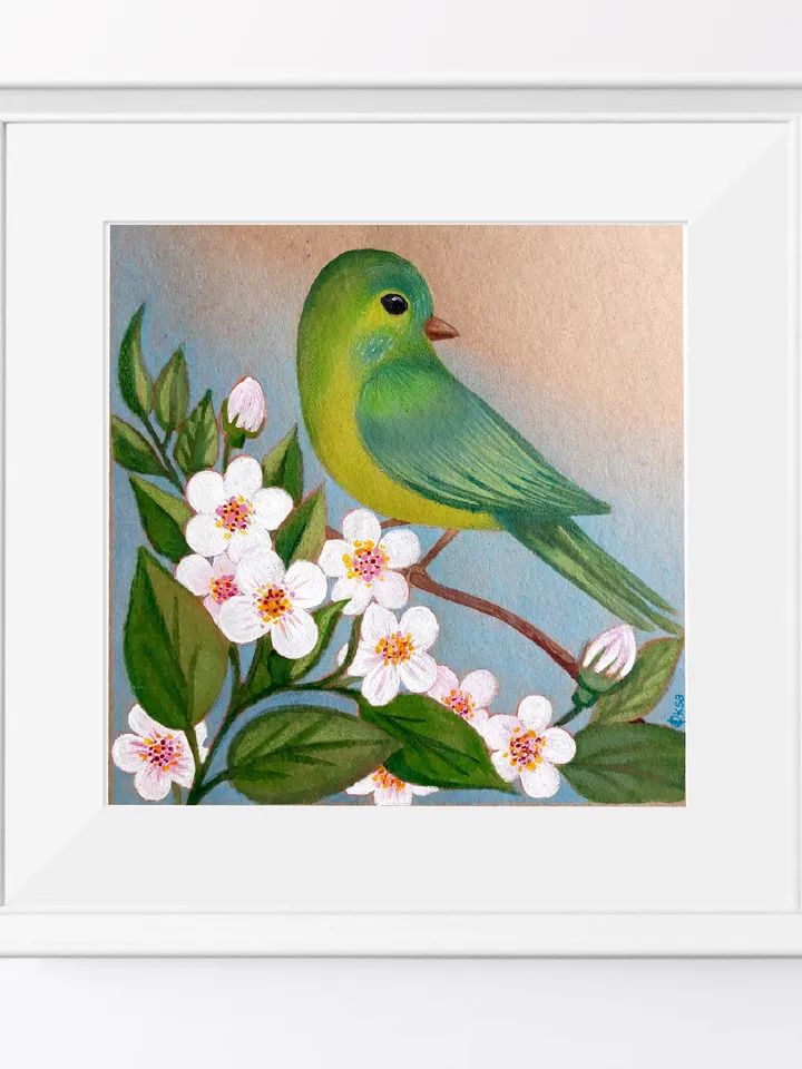Green Bird in Bloom Painting with Colored Pencils and Acrylic Original Drawing/Painting on paper/Children's picture/Colored Pencils Bird Art