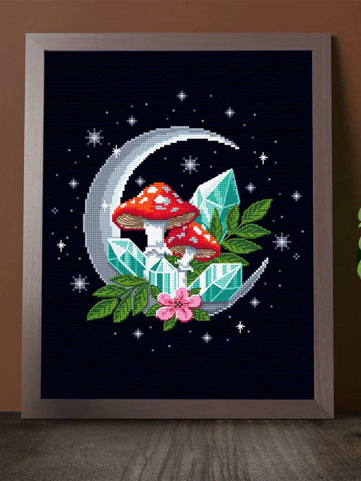 Magic mushroom moon cross stitch pattern PDF download Amanita mushroom cross stitch chart, Mystical crystal moon embroidery, Fly agaric #L53