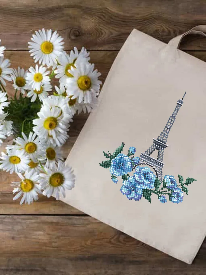 Spring cross stitch pattern PDF download Eiffel Tower beginner stitch Sakura flowers cross stitch Modern France embroidery Paris decor #E1