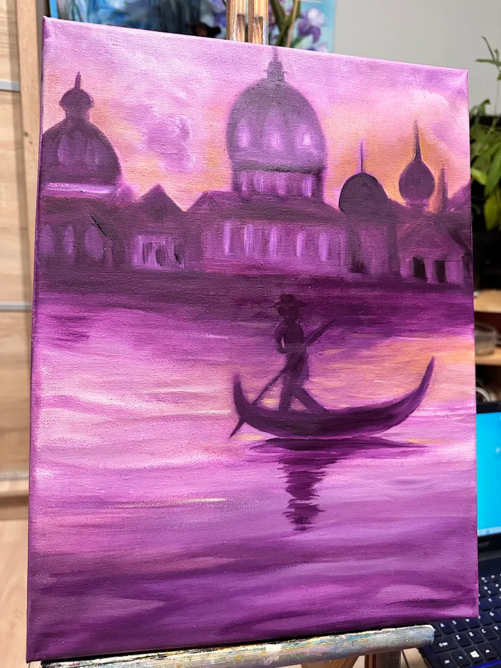 Oil Painting Venice Evening Walk on Gondola Gondolier Cityscape Stretched Canvas 16x12inch 40x30cm Impressionism Wall Decor Gift
