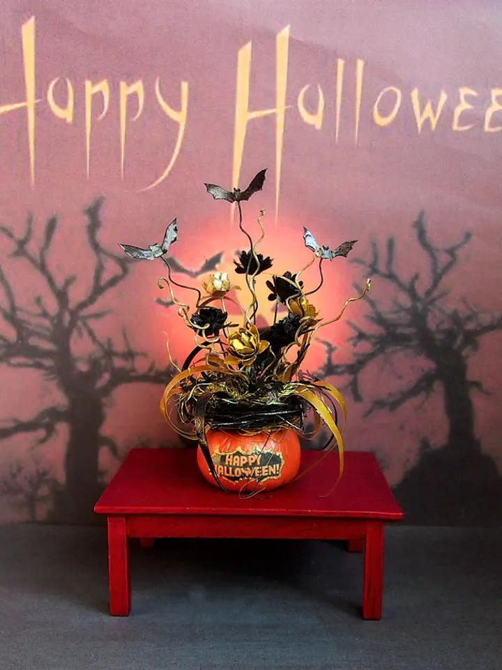 Halloween pumpkin. Festive pumpkin. Dollhouse miniature, Pumpkin with bats. Halloween. Handmade. 1:12.
